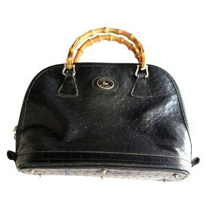 Dooney & Bourke Black Bayou Embossed Leather Dome Satchel Bag Bamboo Handle